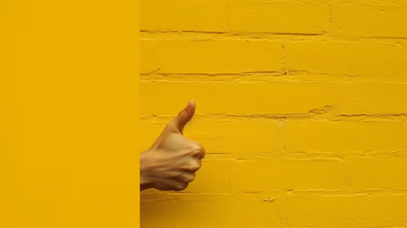 Unrecognizable man shows like gesture through torn yellow wall keeps thumb up says you are best demonstrates approval sign recommends something Copy space aside for your  : Generative AIの素材