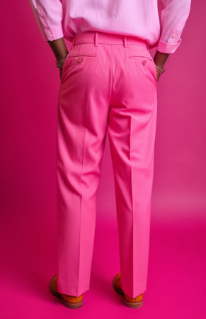 Wow I get brilliant idea for this Cheerful African American fashion designer raises index finger with positive expression creats new design of trousers isolated on pink b : Generative AIの素材