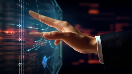 Visual effects Future technology touch screen interface Handsome African American businessman in shirt touching screen interface drawing a chart in futuristic office Sele : Generative AIの素材