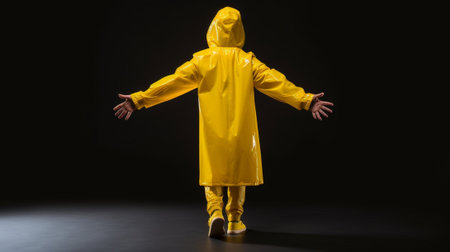 Back view of unrecognizable female model makes photo on smartphone captures beautiful view in screen wears yellow raincoat takes pictures for sharing impressions about jo : Generative AIの素材