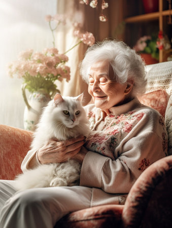 Beautiful senior grey haired woman carries white cat on hands cares about own pet with love dressed casually isolated over pink background spends free time together stay  : Generative AIの素材