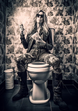 Bellyache and food poisoning concept Curly haired displeaseed woman suffers from abdominal pain holds painkillers sits on toilet bowl dressed in fashionable blouse high h : Generative AIの素材