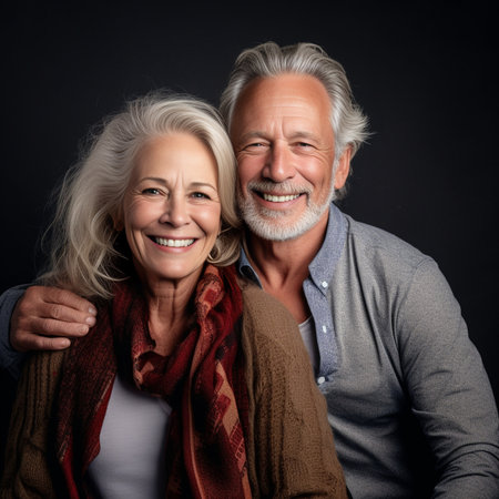 Caring middle aged woman embraces her husband looks with love and broad smile Married mature couple have good relationships isolated on brown background Smiling aged husb : Generative AIの素材
