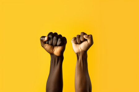 Happy dark skinned ethnic woman and man make fist bumps work as team agree to do something smile positively pose against bright two colored background Partnership and col : Generative AIの素材