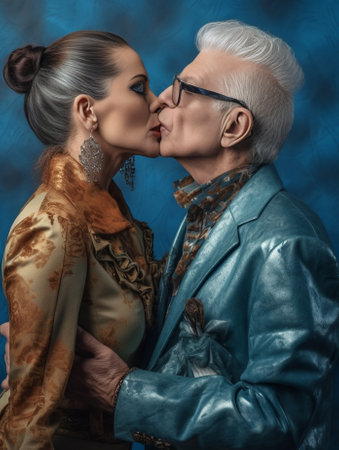 Happy blonde middle aged woman gets kiss in cheek from beloved husband Senior couple have romantic relationship in old age Affectionate male pensioner kisses wife stand i : Generative AIの素材