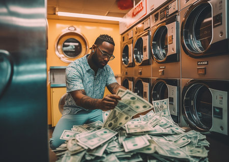 Emotional dark skinned bearded man puts dirty clothes in washing machine exclaims loudly keeps eyes closed wears snorkeling mask on forehead engaged in domestic work Afro : Generative AIの素材