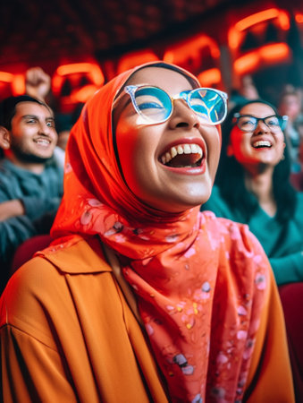 Glad African American female with positive expression laughs joyfully as watches funny movie with friend spends leisure time in good company has specific appearance wears : Generative AIの素材
