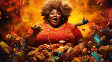 Frustrated unhappy Afro American woman buried in marshmallow frowns face feels discontent feels temptation to eat sugary food but keeps to diet From above view Tasty trea : Generative AIの素材