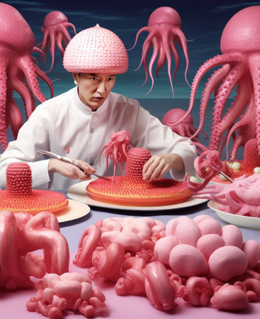 Hesitant confused man chef chooses between crayfish and red sea bass cooks seafood decides on restaurant menu dressed in white uniform round glasses isolated over pink wa : Generative AIの素材