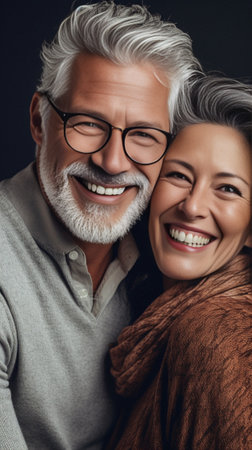 Handsome grey haired mature man with lips traces wears transparent glasses and red sweater recieves kiss from affectionate wife poses over rosy background St Valentines D : Generative AIの素材