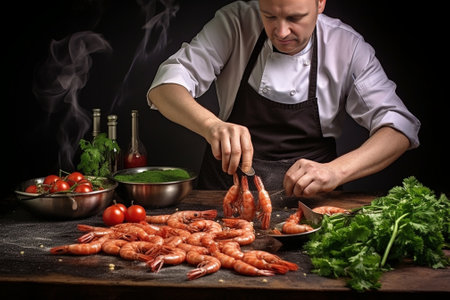 Displeased professional angry Caucasian man chef holds uncooked crayfish and ladle prepares gourmet tasty dinner Cook with kitchenware cooks seafood dish works in restaur : Generative AIの素材