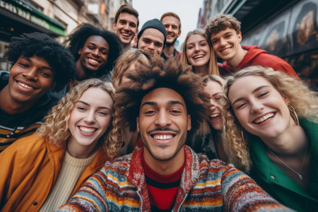 Horizontal portrait of emotional mixed race people look with great excitement say Its unbelievable we not believe Handsome men and one pretty female in beret gesture and  : Generative AIの素材