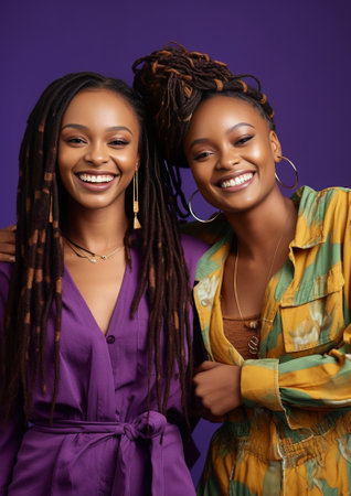 Horizontal view of glad women stand next to each other express positive emotions decorate hair with autumn attributes prepare to celebrate seasonal holiday isolated over  : Generative AIの素材