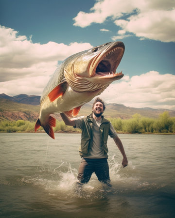 People success happiness fishing concept Successful female angler wearing yellow anorak and overalls holding huge salmon in hands rejoicing her huge landing Fisherwoman w : Generative AIの素材
