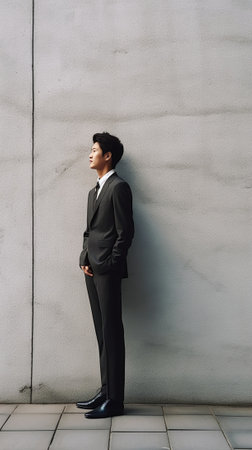 Confident thoughtful mixed race male company owner being person of influence on market dressed in black formal suit with tie poses against white concrete wall copy space  : Generative AIの素材