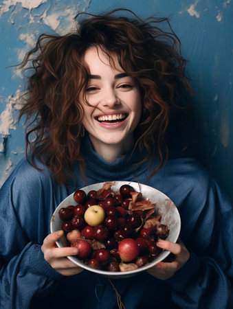Funny young woman looks with surprised face at camera being smeared with sweet jam after eating homemade pie irons clothes at home has dreadlocks hairstyle poses indoor H : Generative AIの素材