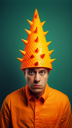Happiness joy celebration holiday fun and positive emotions Portrait of happy confident employee wearing shirt and cone hat waiting for friends and colleagues to celebrat : Generative AIの素材