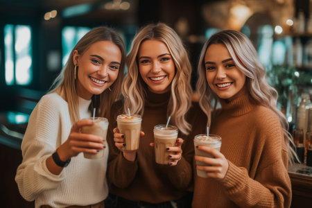 Cropped shot of cheerful young feminists pose against cafe interior with smoothie make selfie on modern mobile phone or talk online on video call share their impressions  : Generative AIの素材