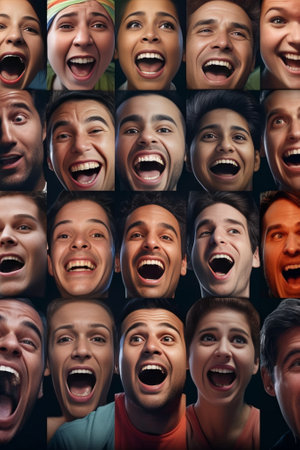 Joyful guys look with happiness cover mouthes have glad expressions try stop laughing see something amazing doesnt expect recieve unexpected present from friend Peope emo : Generative AIの素材