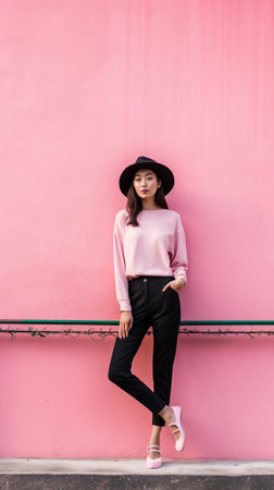 Horizontal shot of pretty female gardener with positive expression points aside with thumb dressed in casual overalls and black hat shows blank space over pink wall for y : Generative AIの素材