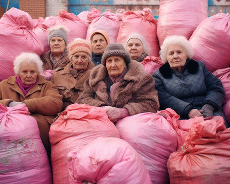 Indoor shot of shocked woman surrounded by pink clothes helps people with donation clothing has charity work chooses outfit for seconadary using or recycling Monochrome s : Generative AIの素材