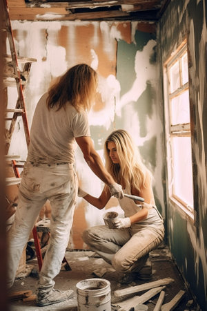 Happy mixed race couple busy painting walls in house hold brushes bucket of paint look gladfully at each other work as team on common result renovate their new house stan : Generative AIの素材