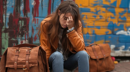 Miserable dejected hipster girl cries and sobs from despair holds modern smart phone has problem cannot browse music app dressed in casual shirt and jeans carries rucksac : Generative AIの素材