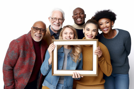 Five mixed race people express amazement and positive emotions Black dark skinned male in centre with excited look Brunette female crosses finger before exam Elderly fema : Generative AIの素材