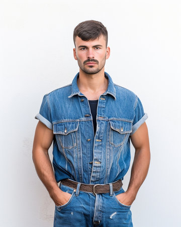 Gloomy Caucasian male with stubble purses lips and looks in displeasure at camera feels offended after hearing bad words addressed to him wears denim shirt poses against  : Generative AIの素材