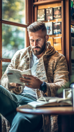 Horizontal shot of serious unshaven man holds printed statistics documents analyzes graphs and charts dressed in fashionable denim clothes holds takeaway coffee stands ne : Generative AIの素材