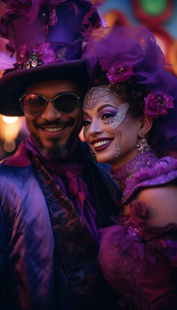 Holiday traditions celebration and party concept Halloween couple in masquerade costumes wear professional makeup pose together against vivid purple background Crazy hatt : Generative AIの素材
