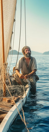 Happy pleased sailor keeps hand on big stomach smokes pipe and enjoys beach party poses with fishing net stands indoor in traditional clothing Succesful fisherman on sea  : Generative AIの素材