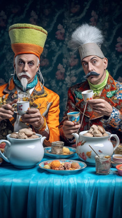 Holiday traditions celebration and party concept Halloween couple in masquerade costumes wear professional makeup pose together against vivid purple background Crazy hatt : Generative AIの素材