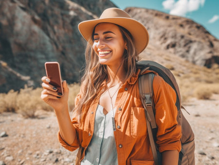 Mirthful tourist with broad smile holds cell phone in front makes selfie portrait poses over blurred nature background with small mountain river has fun enjoys strolling  : Generative AIの素材