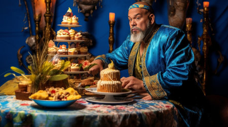 Gluttony and overeating concept Upset crying ethnic woman eats piece of cake reluctantly sits at table with many desserts isolated over blue wall feels hungry and greedy  : Generative AIの素材