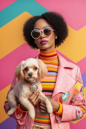 Photo of Afro American woman holds dog of breed Pomeranian Spitz likes miniature fluffy pet poses with cute animal against vivid yellow background have rest together afte : Generative AIの素材