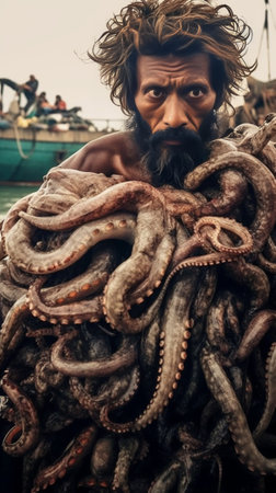 Horizontal shot of stunned experienced boatswain or fisherman holds big octopus didnt expect to catch such huge sea creature poses with fishing net on shoulders being mem : Generative AIの素材