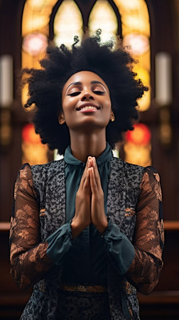 Lovely satisfied African American female prayer keeps hands in praying gesture has gentle smile closes eyes dressed in stylish blouse believes in something wonderful or m : Generative AIの素材