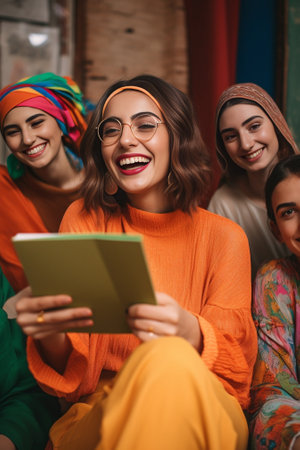 Overjoyed amazed female student has fun with groupmates during coffee break holds paper cup with beverage in one hand red textbook in other wears fashionable clothes expr : Generative AIの素材