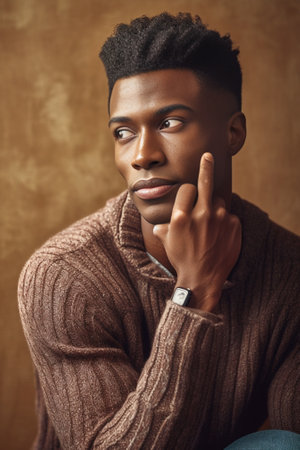 Human facial expressions concept Contemplative dark skinned guy rubs chin as thinks makes decision focused away keeps hands partly crossed dressed in knitted jumper model : Generative AIの素材