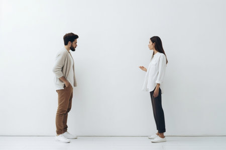 Horizontal shot of indignant young female and male of different races point at themselves ask something stand next to each other being shocked and displeased Why should w : Generative AIの素材