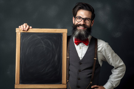 People and education concept Hipster student with trendy beard working on diploma project using laptop in college standing against blank chalkboard and looking away with  : Generative AIの素材
