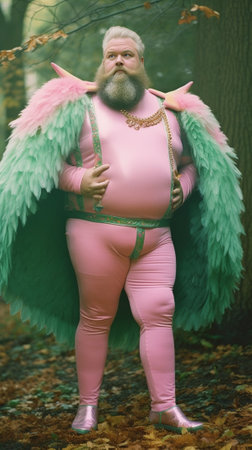 Obese bearded man dresses for hallooween party plays fairy with magic wand looks surprisingly at camera wears wings and crown on bald head being at childrens holiday Funn : Generative AIの素材