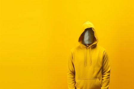 Photo of displeased man has active winter rest looks with annoyed expression at camera raises eyebrows dressed in warm thermal jacket with hood isolated over yellow backg : Generative AIの素材