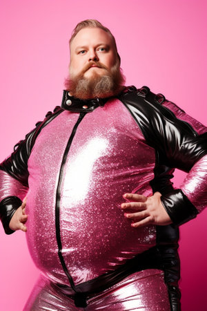 Hesitant bearded plump European man dressed in superhero costume spreads hands and faces dilemma stands confused indoor has tattooed abdomen isolated over pink background : Generative AIの素材