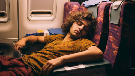 Photo of helpless male passenger keeps palms pressed together begs for help has messy hair wears neck pillow for comfort yellow jumper travels by plane People tourism lif : Generative AIの素材