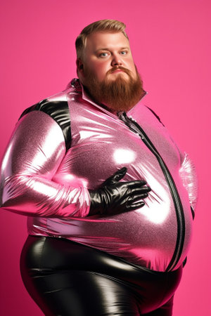 Hesitant bearded plump European man dressed in superhero costume spreads hands and faces dilemma stands confused indoor has tattooed abdomen isolated over pink background : Generative AIの素材