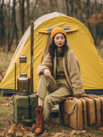 Image of lovely Asian woman has picnic late in evening wears hat stands wrapped in plaid holds gas lamp looks pensively aside poses over yellow background enjoys calm atm : Generative AIの素材