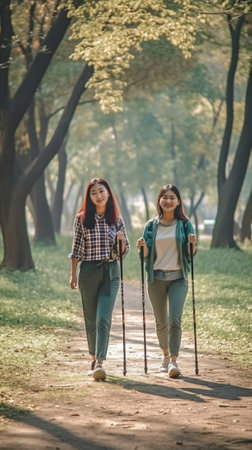 Photo of two friends have traveling enjoy spending free time together being experienced tourists search for proper route hold kerosene lamp trekking sticks and retro came : Generative AIの素材