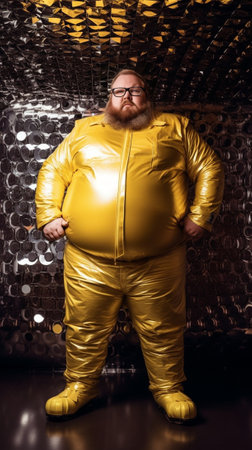 Obese funny man in yellow t shirt shows heavy metal sign attends concert of favorite music band has big belly tattooed arms and beard wears round glasses Overweight rock  : Generative AIの素材